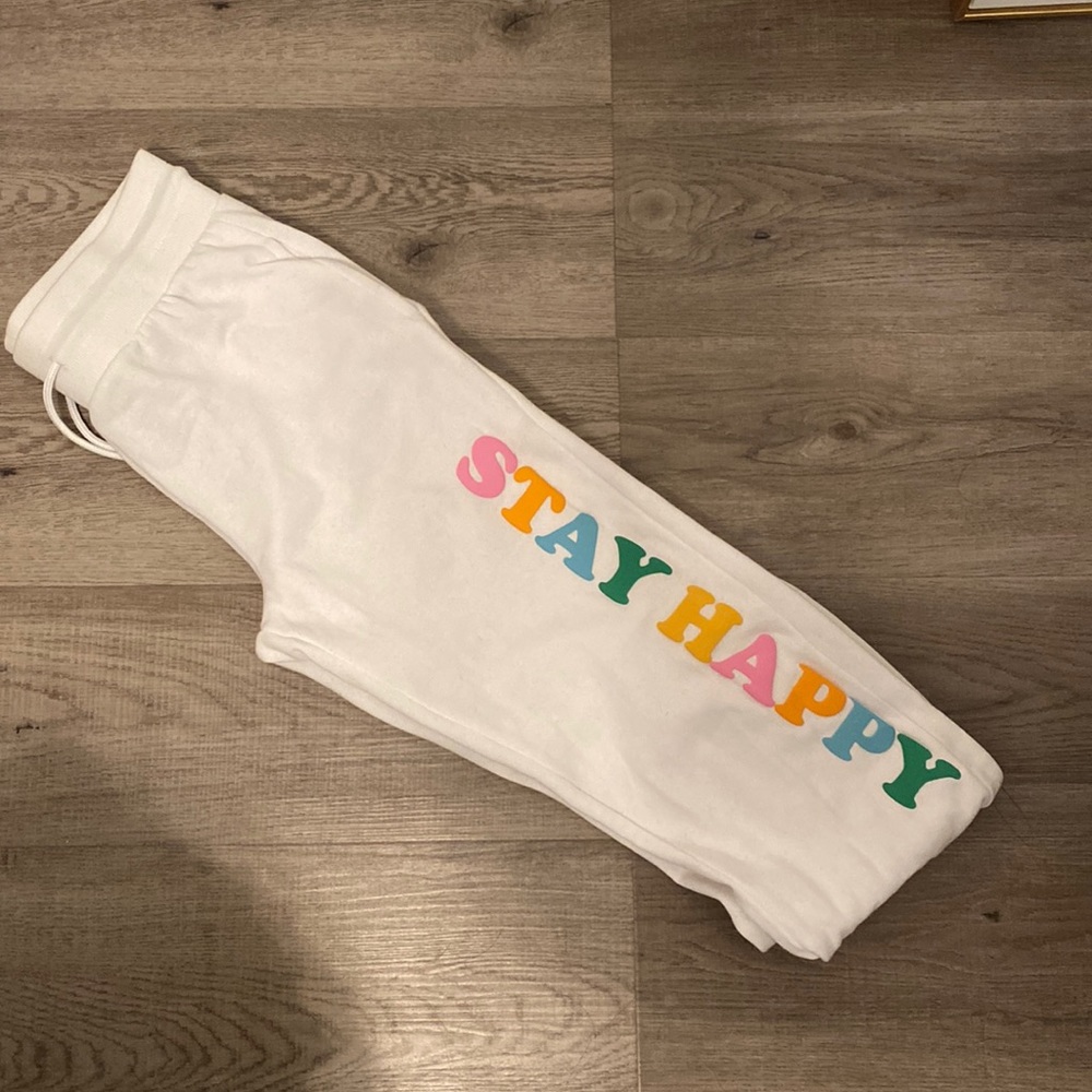 White “Stay Happy” sweatpants